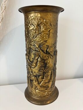 Vintage Mid Century embossed brass metal umbrella stand cane holder 18" tall
